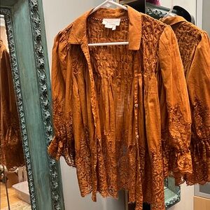 Anthropologie pintucked and lace Rust Top
